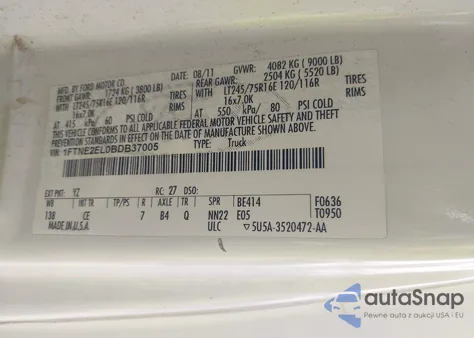 2011 Ford E-250 Commercial from USA, damaged, VIN 1FTNE2EL0BDB37005